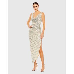 Mac Duggal Size 10 Nude Silver 5757 Sequined Sleeveless Midi Cocktail Dress New